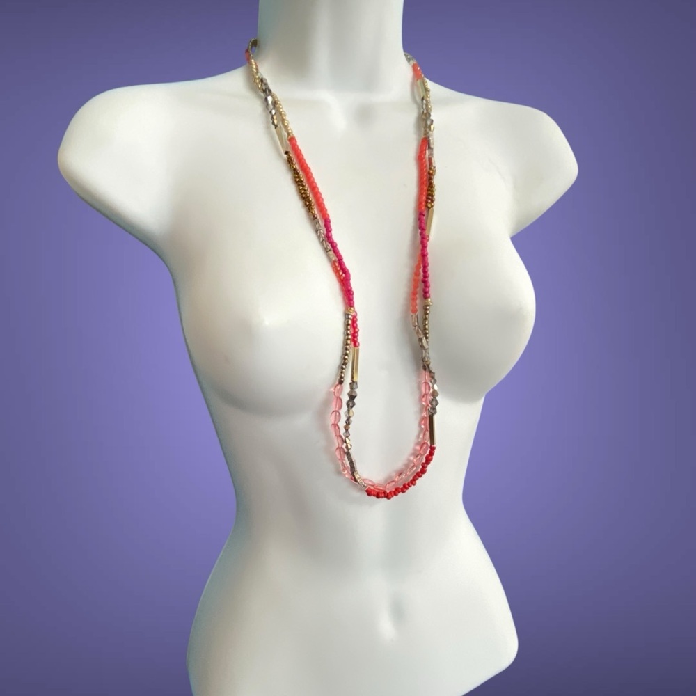 CHICO'S Double Strand Glass & Acrylic Beads Necklace Long Bohemian Style NWT